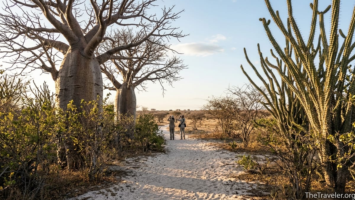 Sunrise over baobabs and spiny forest along a sandy trail in Reniala Reserve Madagascar