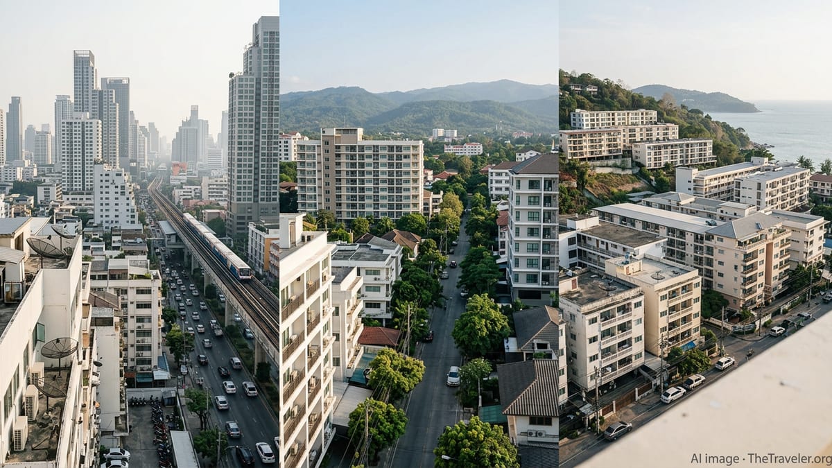 Contrasting Bangkok, Chiang Mai, and Phuket apartment skylines showing different rental markets.