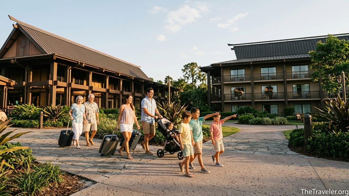 Family arriving at Disney’s Polynesian Villas with luggage on a sunny afternoon