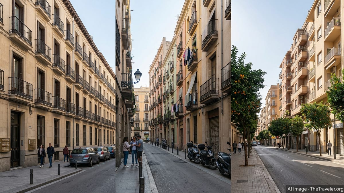 Residential apartment streets in Madrid, Barcelona and Valencia illustrating rental housing.