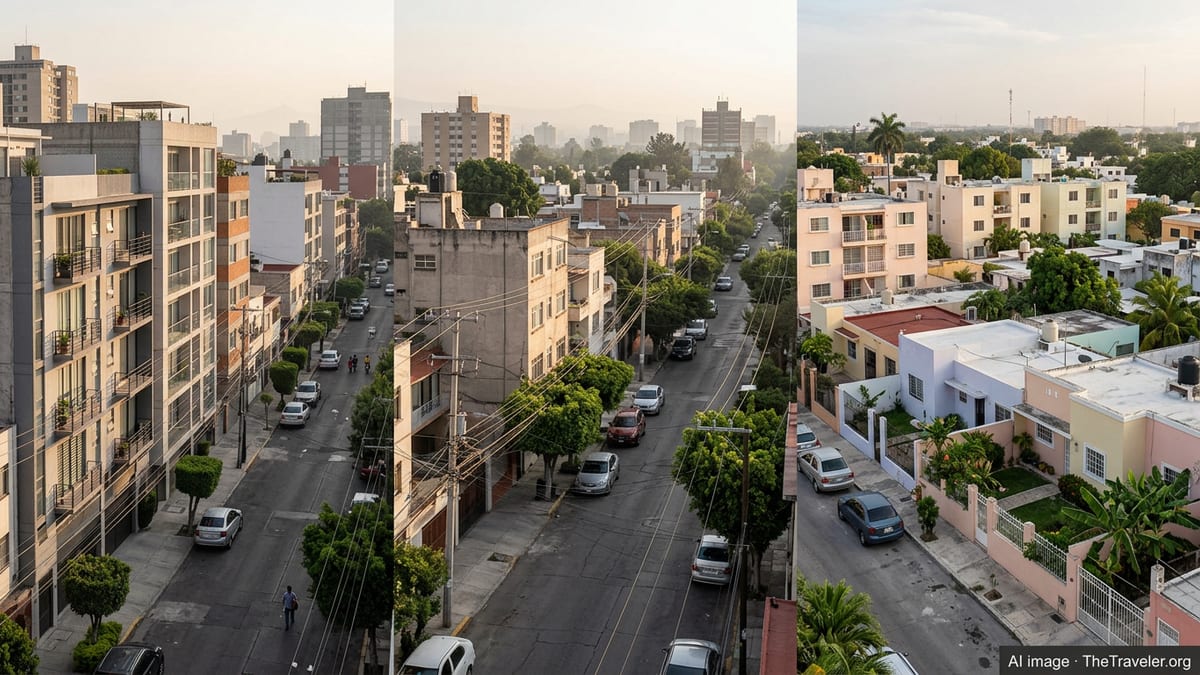 Residential streets and apartment buildings in Mexico City, Guadalajara, and Mérida at sunset.