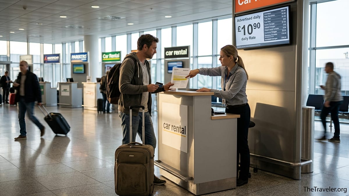 Traveler at airport car rental counter discovering unexpected extra fees on a booking voucher.