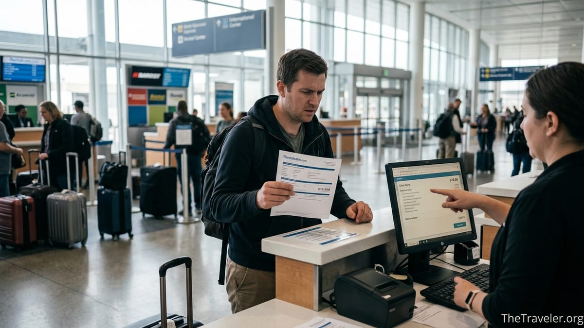 Traveler comparing a printed rental car quote with a higher price at an airport counter