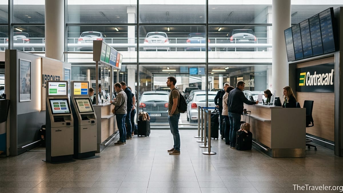 Traveler choosing between a broker kiosk and a direct car rental counter at an airport.