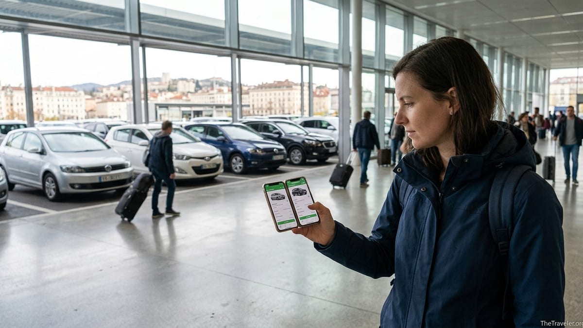 Traveler comparing car rental deals on a smartphone at an airport rental car center.