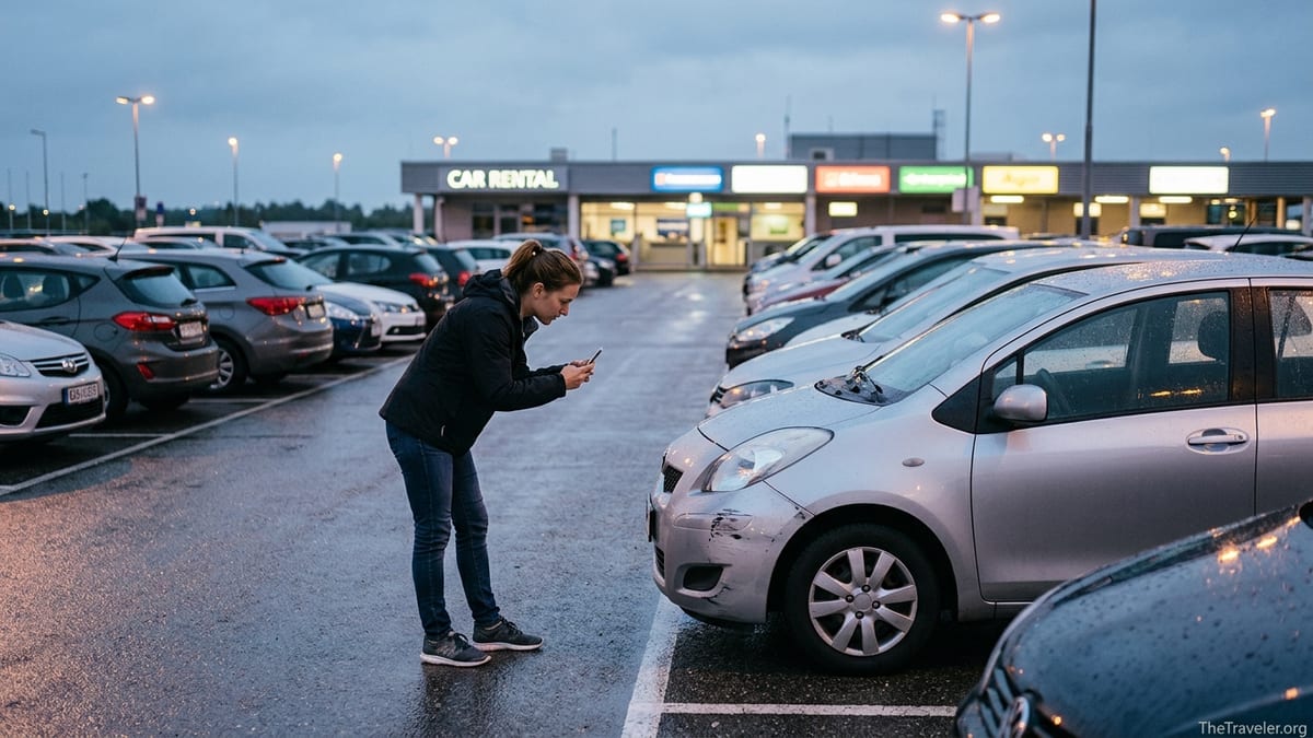 Traveler photographing a damaged rental car bumper at an airport lot in the evening