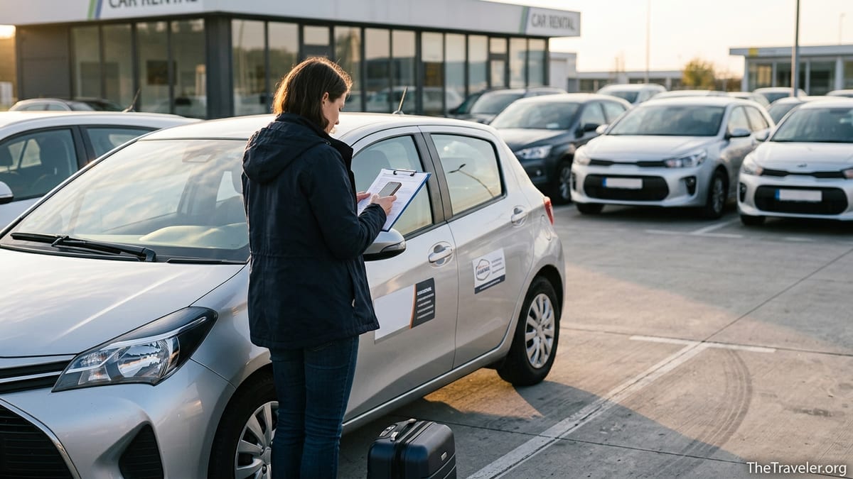 Traveler checking rental car insurance details beside a compact car at an airport lot.