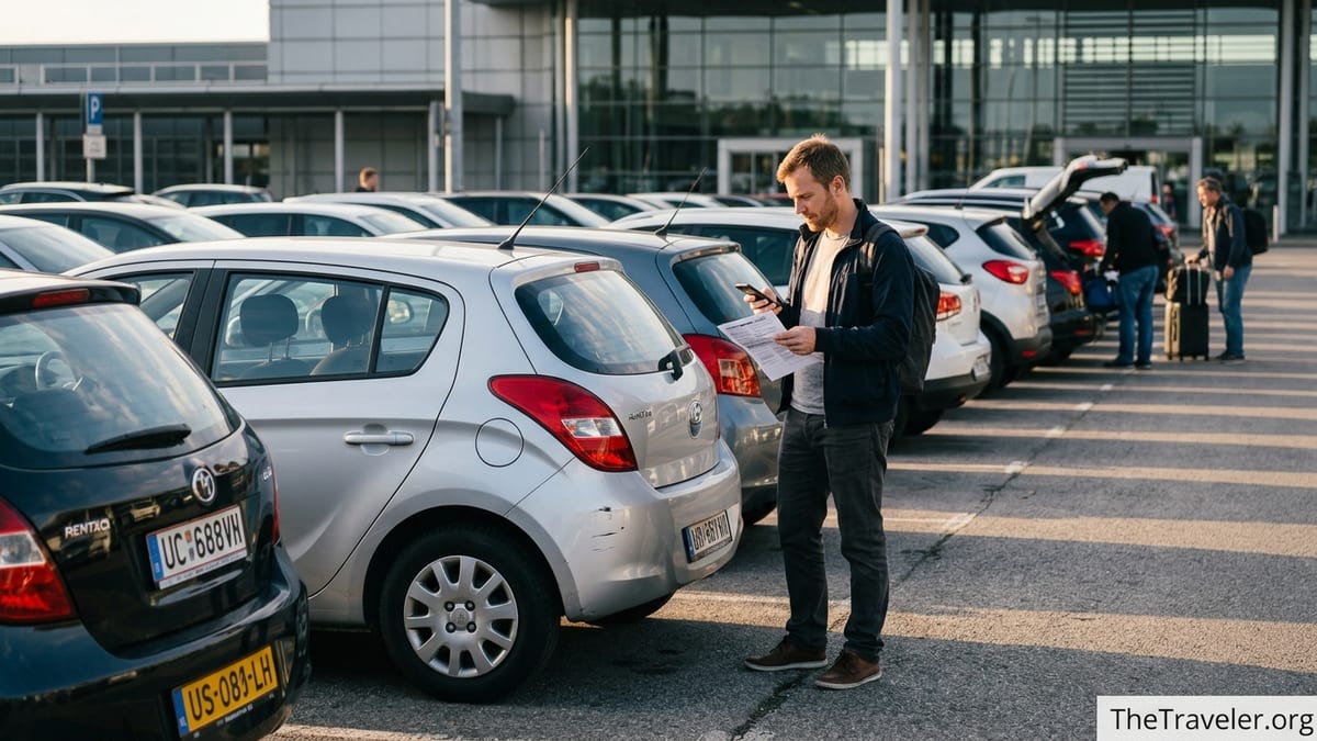 Traveler checking rental car insurance paperwork beside a car at an airport lot at sunset.