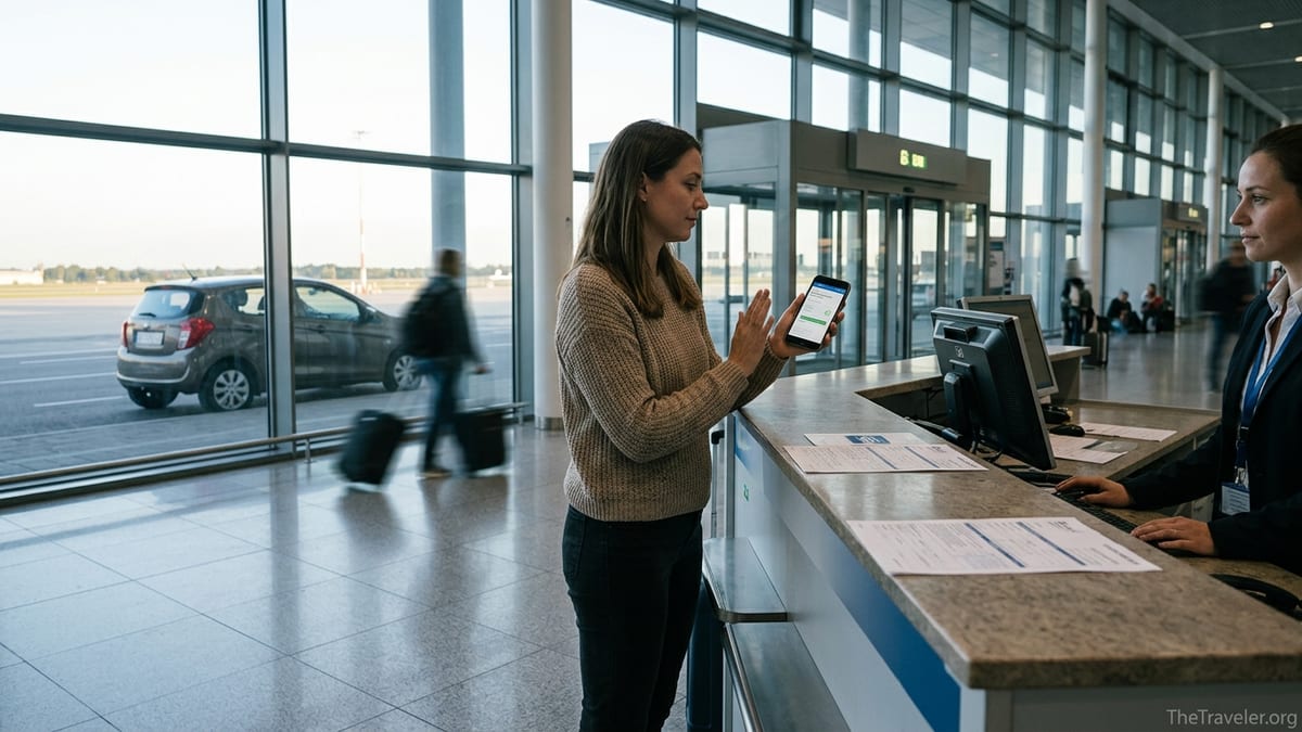Traveler at airport rental counter reviewing own car rental coverage on phone instead of buying desk insurance.