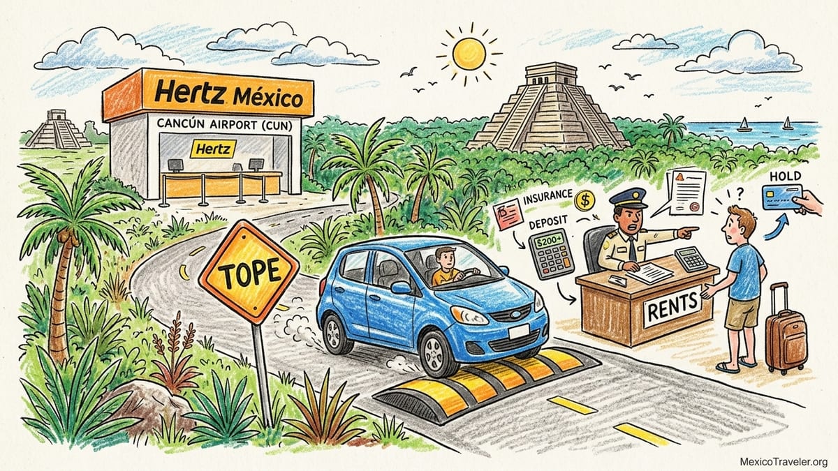 Compact rental car near a Mexican toll road, with peso cash and toll receipts on the dashboard.
