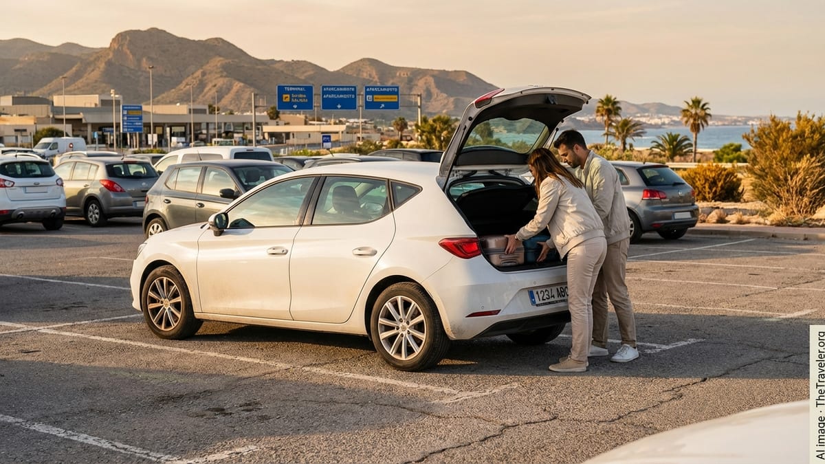 Couple loading luggage into a compact rental car at a sunny Spanish airport parking lot.