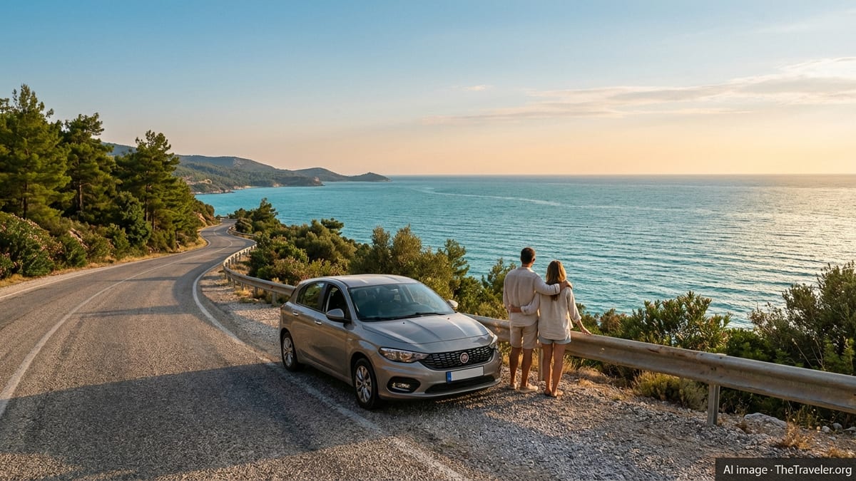 Travelers with a rental car overlooking a winding coastal road and bay in Turkey.