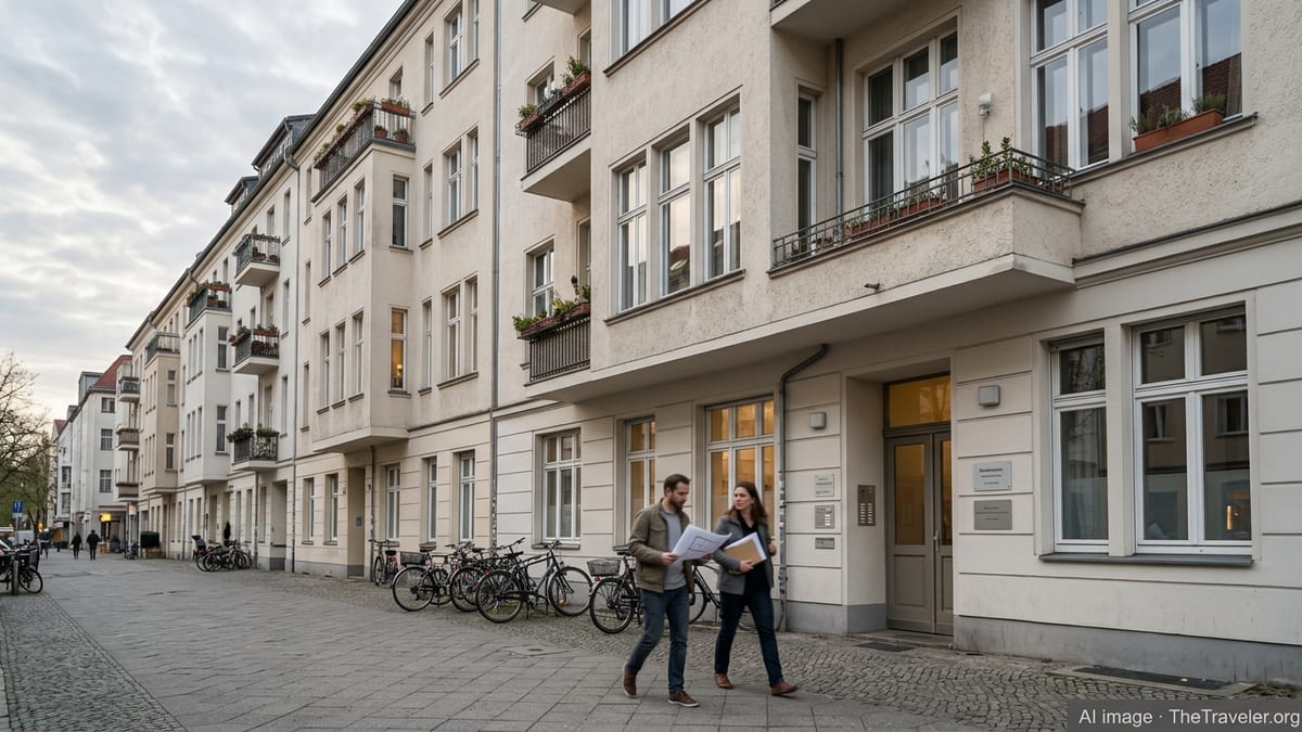 German city apartment buildings at dusk with couple approaching entrance to view rental flat.
