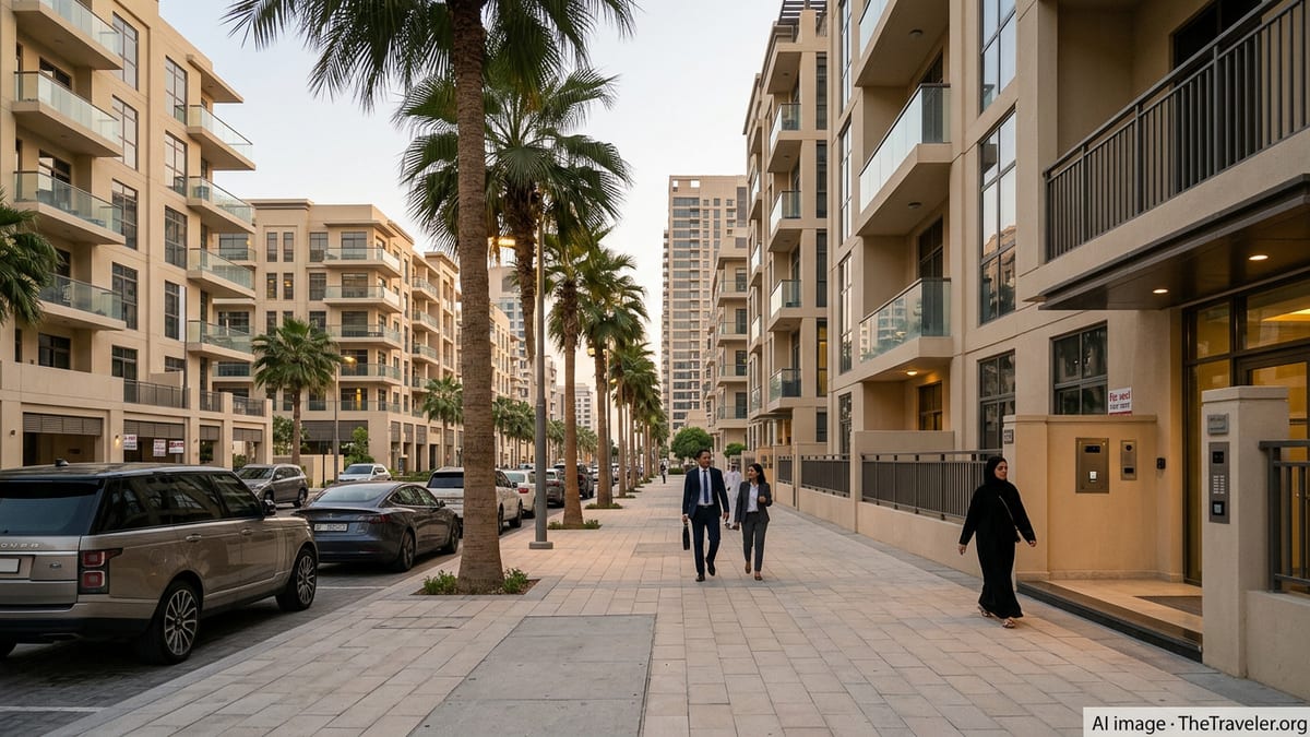 Modern Dubai apartment buildings at dusk with residents walking along a palm-lined street.