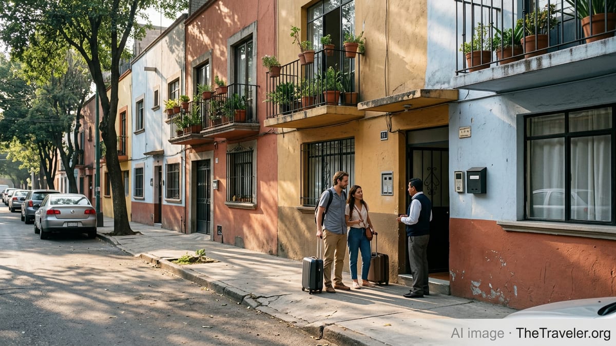 Foreign couple with suitcases viewing a rental apartment with an agent on a residential street in Mexico.