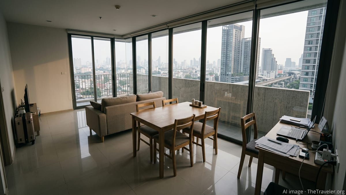 Modern Bangkok condo living room with city view, suitable for an expat renter.