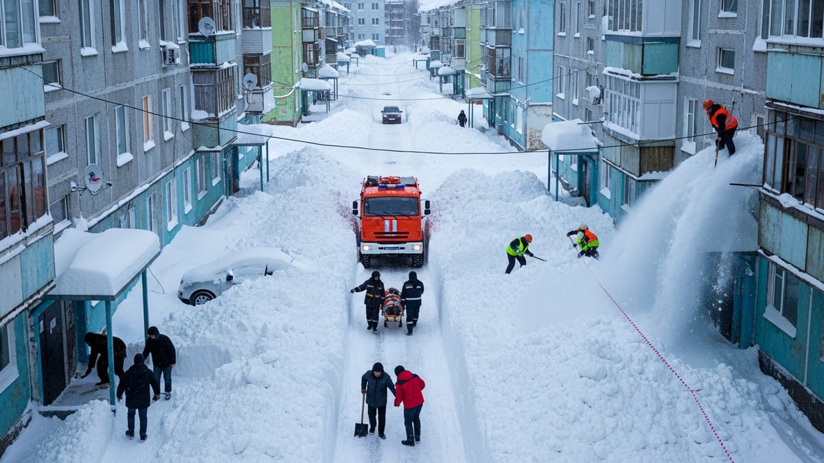 Residents in Petropavlovsk-Kamchatsky, Russia, clearing historic snowfall from streets.