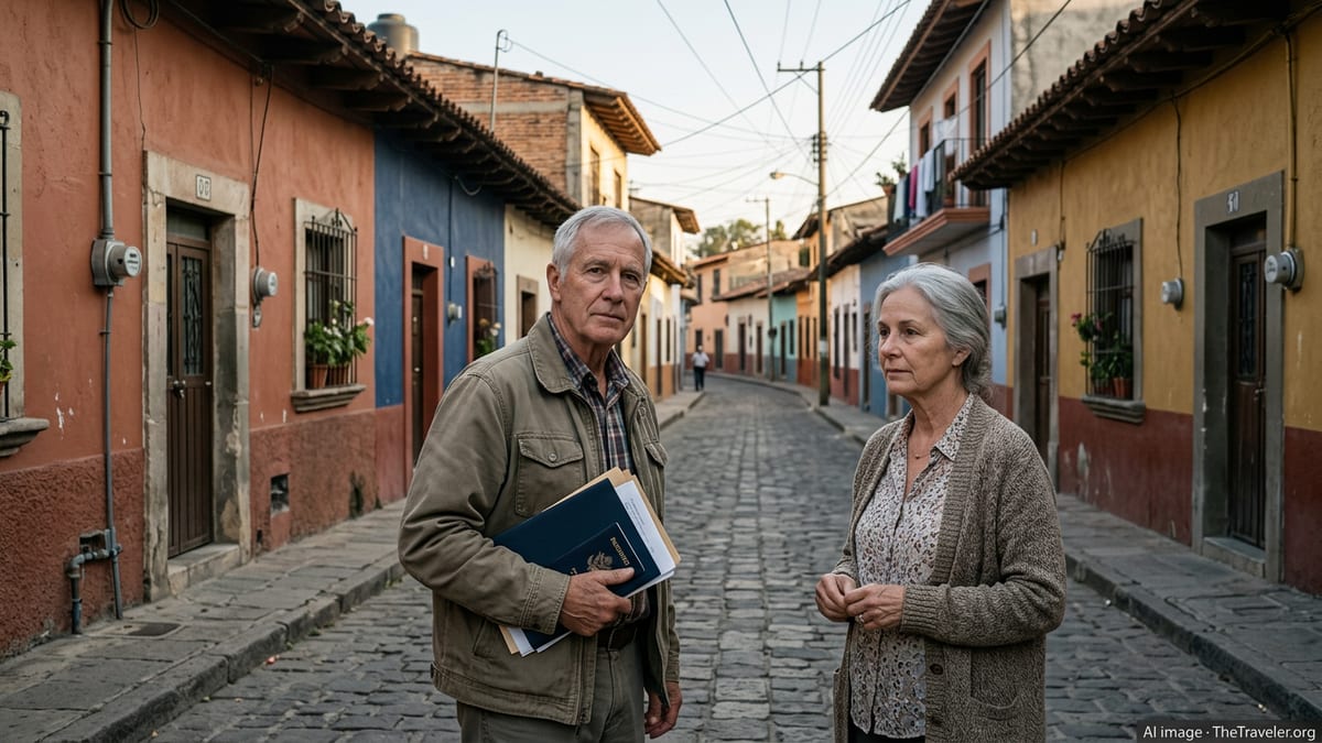 Retired foreign couple with documents on a quiet residential street in Mexico.