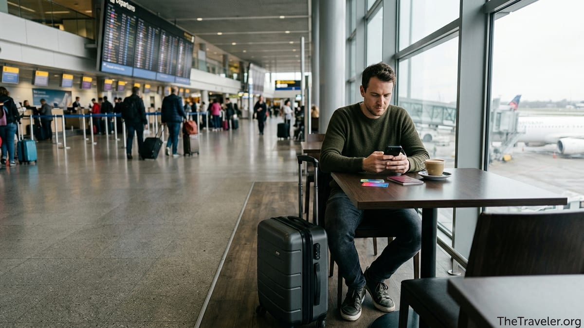 Traveler in an airport using a banking app with card and passport on table.