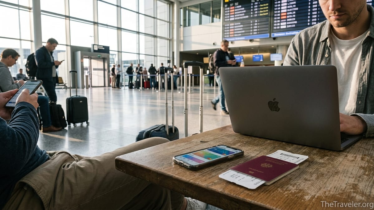 Traveler in an airport café comparing multiple travel bank cards and apps on a phone.