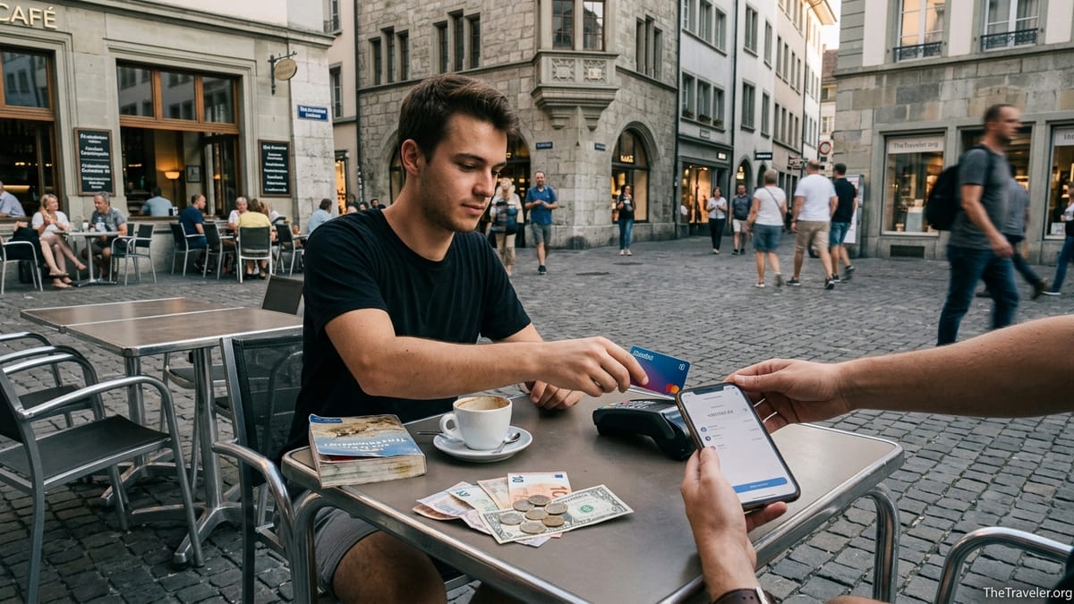 Traveler paying with a Revolut card at a European café while checking exchange rates on a phone.