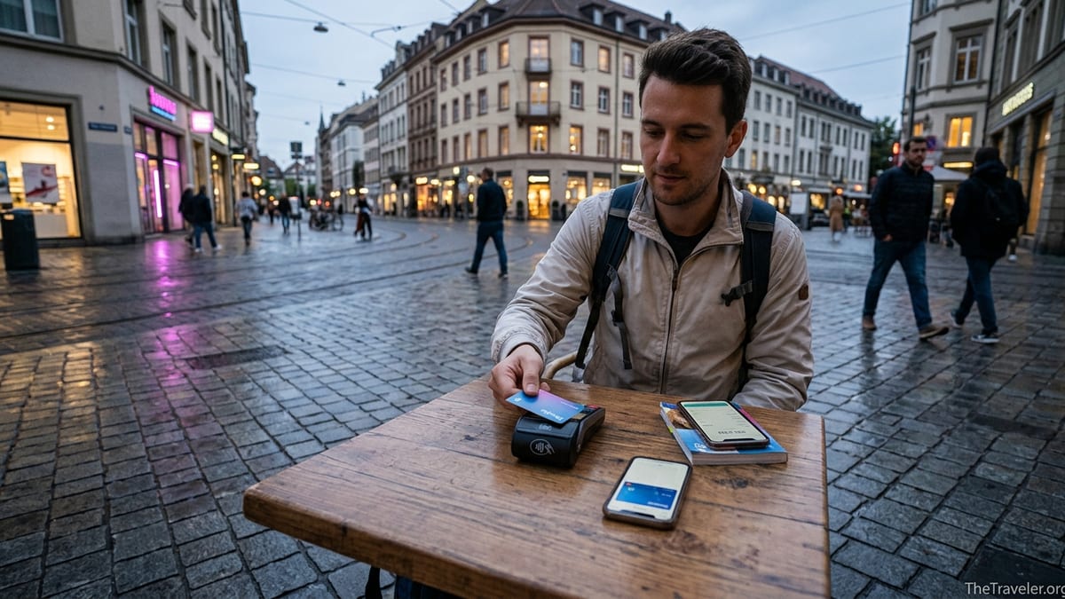 Traveler paying with a contactless card at a European street café in the evening.
