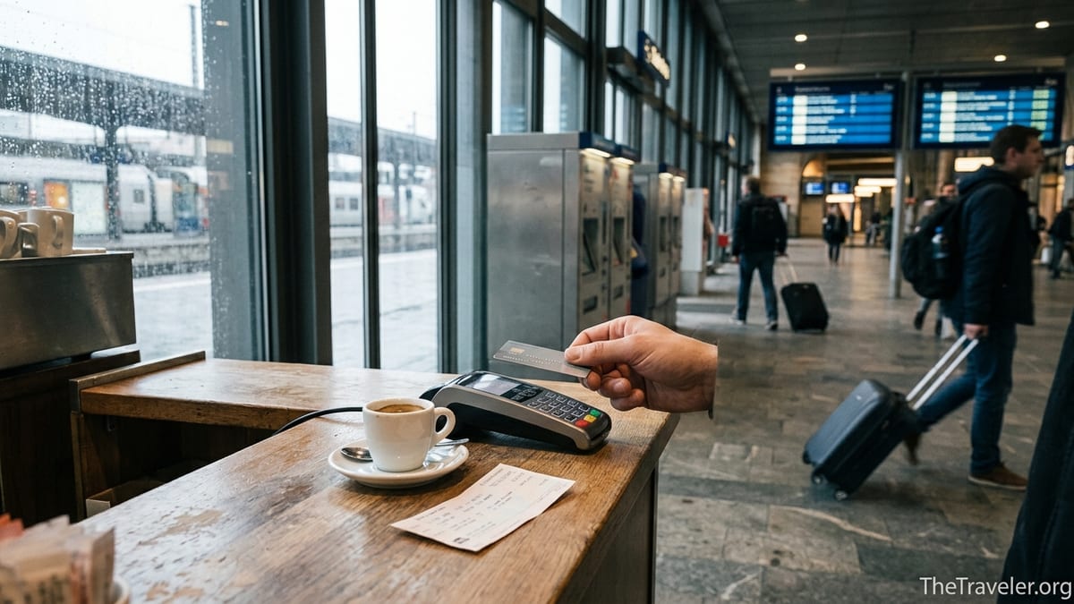 Traveler paying with a card at a European train station café counter
