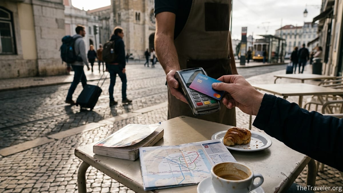 Traveler pays with a Revolut card at a European street cafe table.