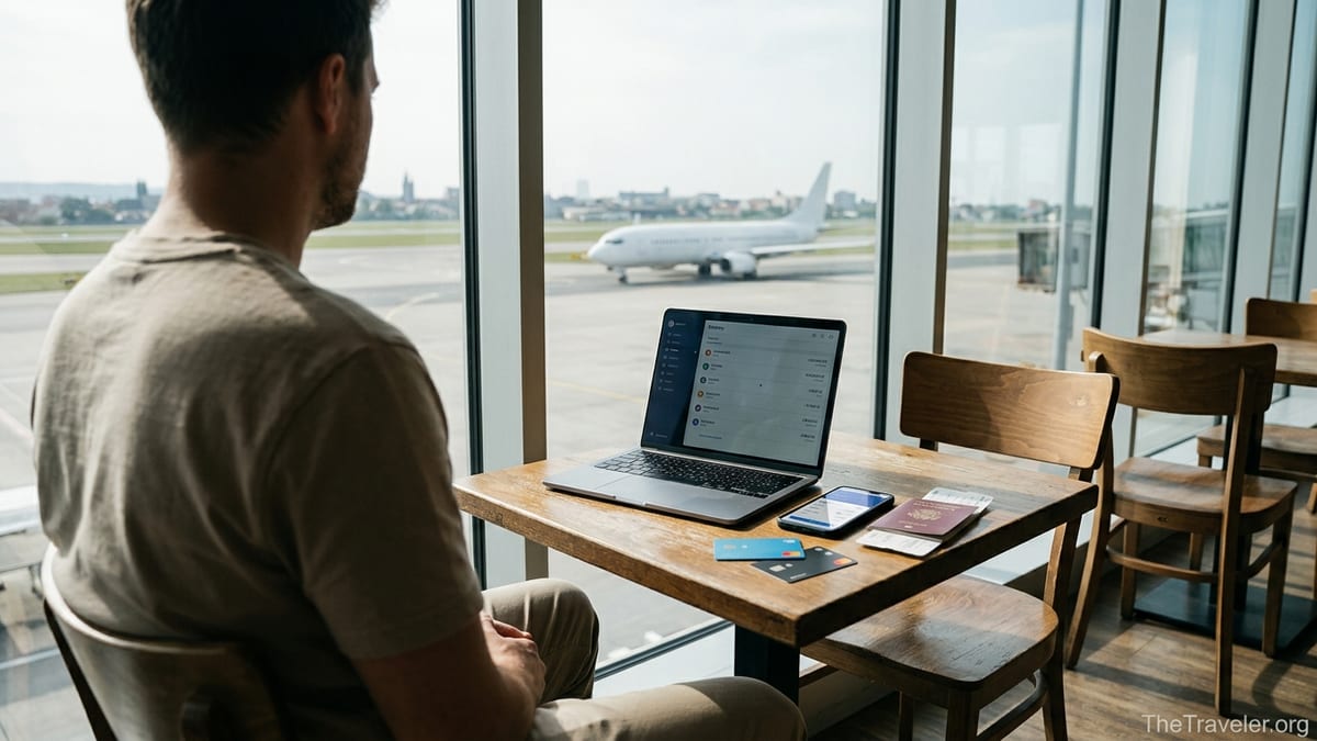 Traveler comparing two banking apps on a phone at an airport café table with cards, passport, and laptop.