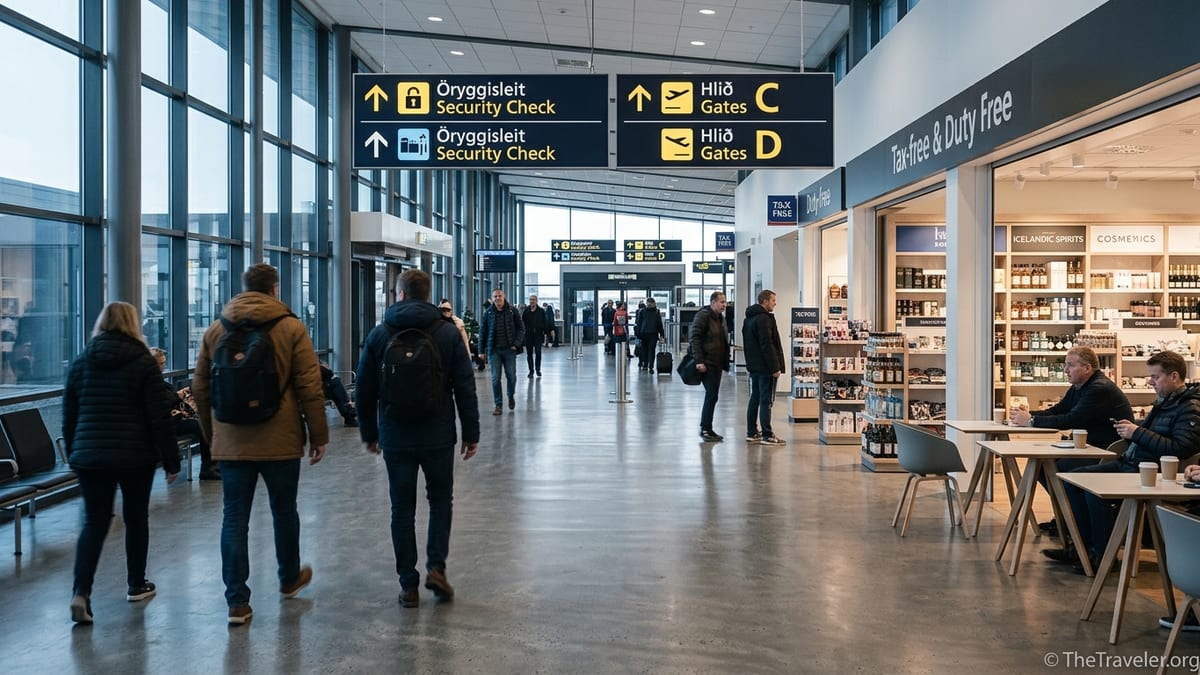 Travelers walking through Keflavik Airport departures hall past security and duty-free shops.