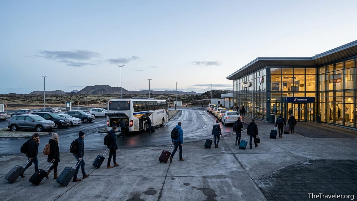 Travelers with luggage outside Keflavik Airport heading to buses, taxis and the glass terminal at sunrise.