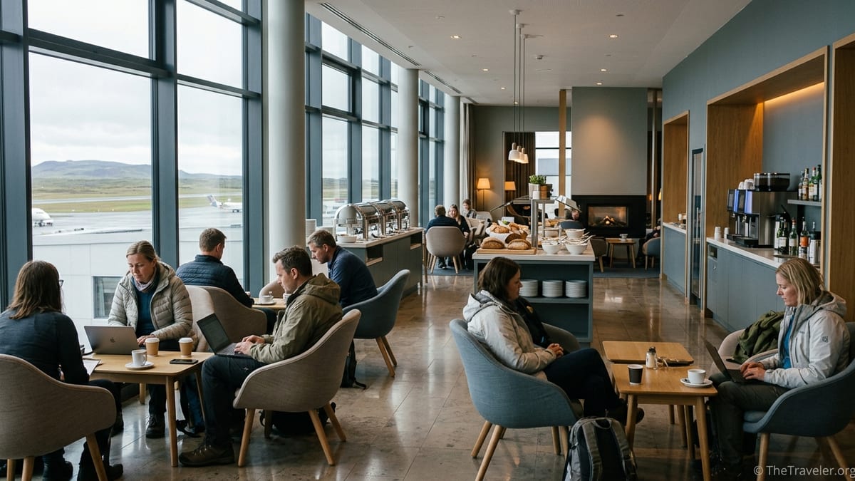 Travelers relaxing in Icelandair Saga Lounge at Keflavik Airport with runway views and buffet area.