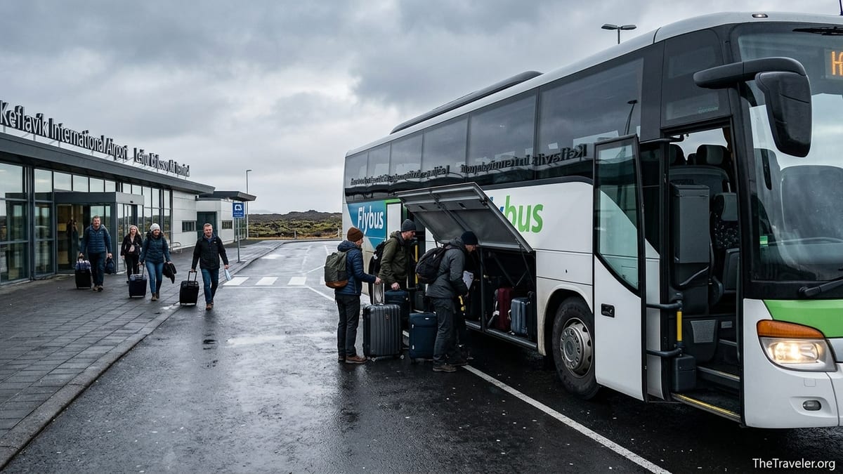 Flybus coach outside Keflavik Airport with travelers loading luggage on an overcast day.