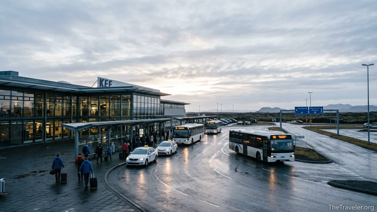 Passengers boarding airport buses outside Keflavik Airport with signs pointing toward Reykjavik.