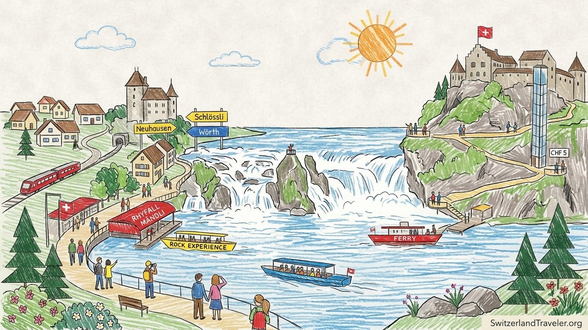 Boats approaching Rhine Falls with Schloss Laufen above and mist rising from the waterfall.