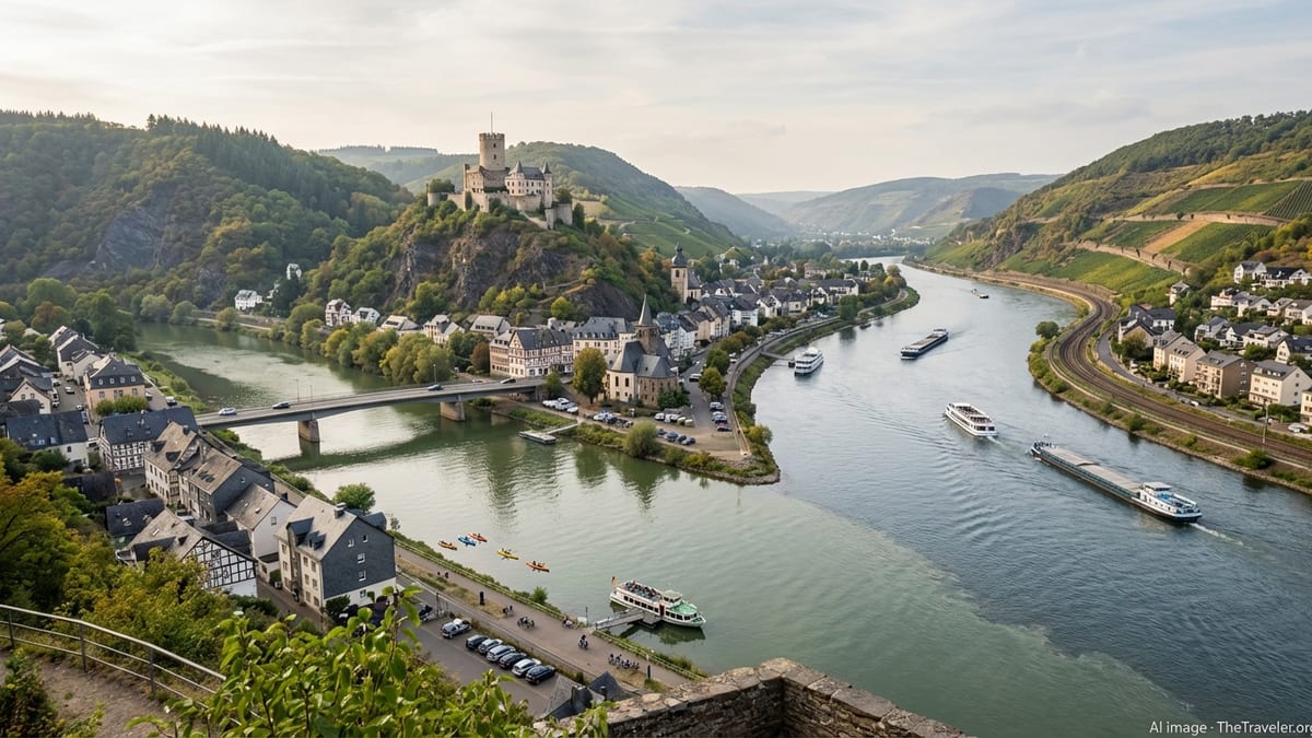 Overlooking the scenic confluence of the Rhine and Lahn rivers in Lahnstein, Germany.