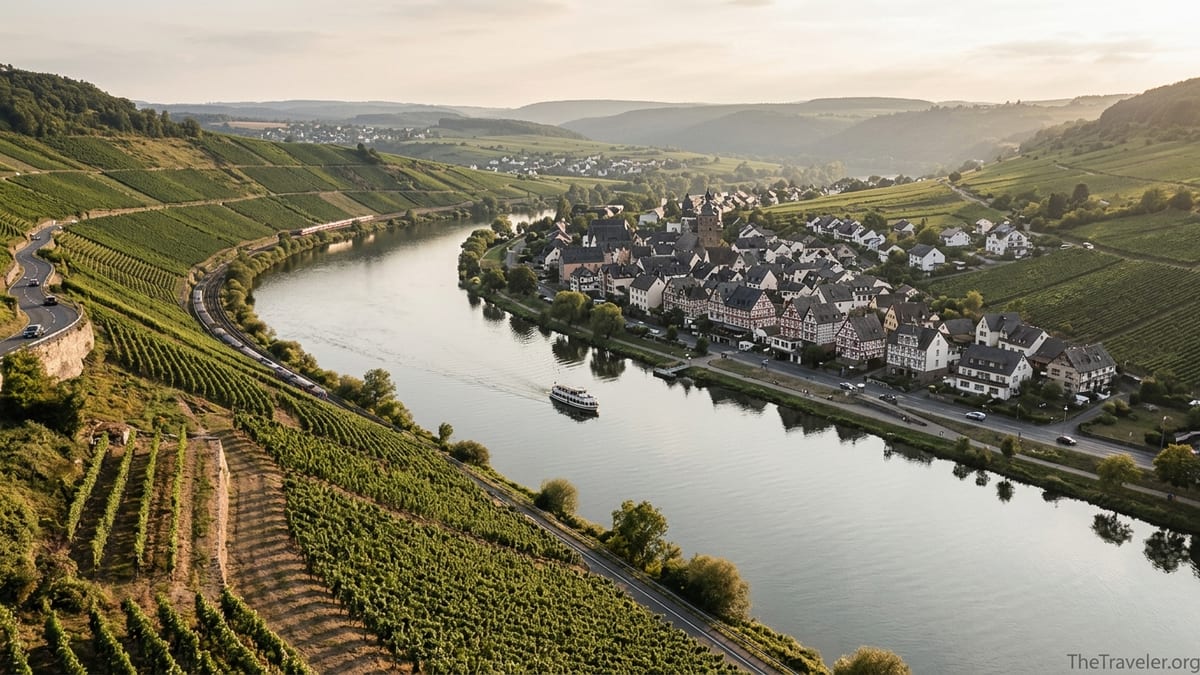View over Moselle River bend with vineyards and Bernkastel-Kues at sunset