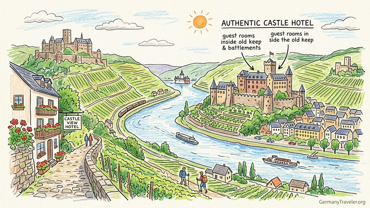 Castle terrace high above the Rhine River with vineyards and a small town at sunset.
