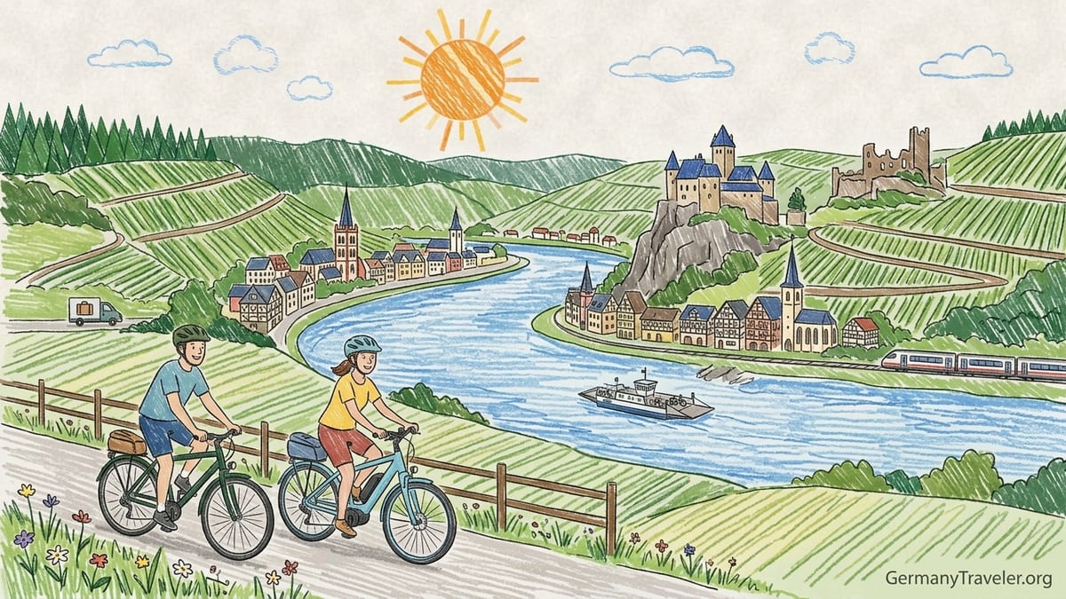 Cyclists on a riverside path in the Rhine Valley passing vineyards and a hilltop castle.