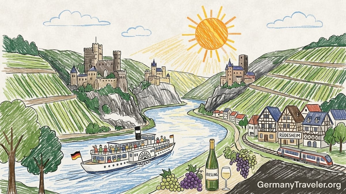 Rhine River near Rüdesheim with castle, vineyards and cruise boat on a sunny day
