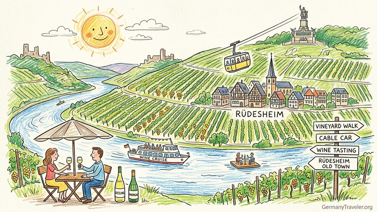 Travelers walk through steep vineyards above Rüdesheim am Rhein overlooking the Rhine River at sunset.