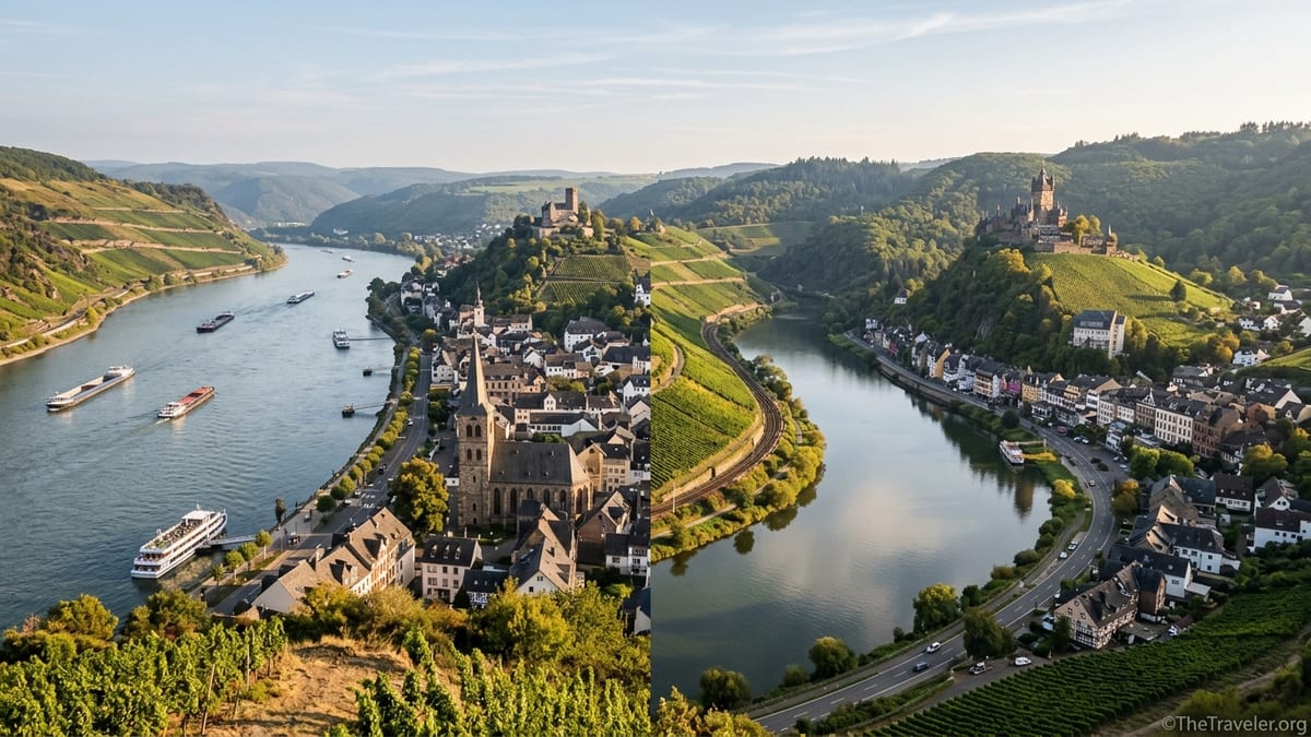 Aerial autumn view of Germany’s Rhine and Moselle rivers with castles, vineyards and river towns.