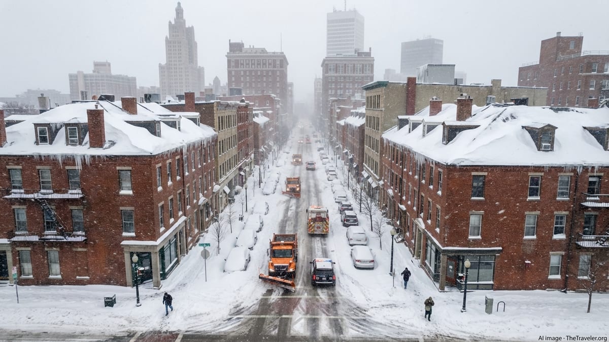 Snowplows and buried cars line a Providence street during a record blizzard.