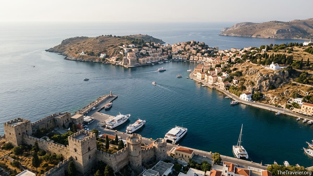 Aerial view of Rhodes harbor with ferries and a nearby pastel-colored Dodecanese island village