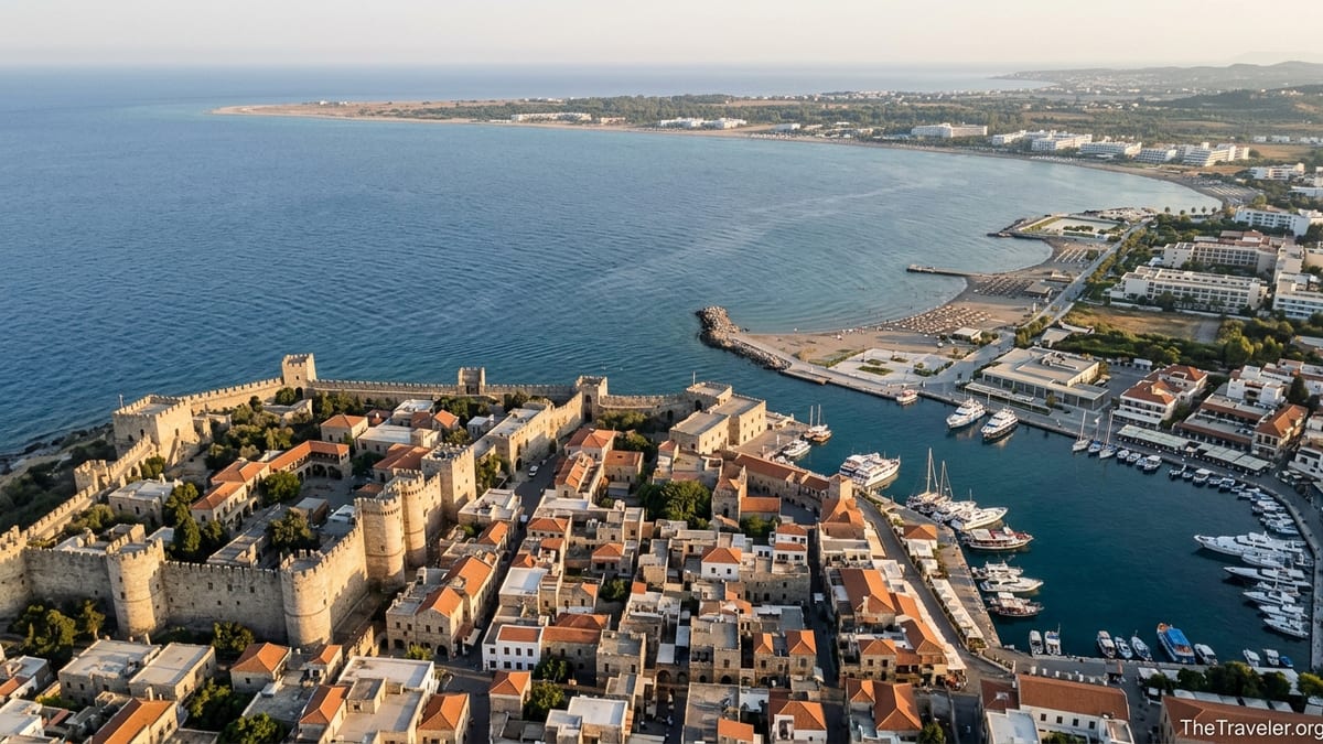 Aerial view of Rhodes harbor and Old Town with distant coastline of Kos at sunset.