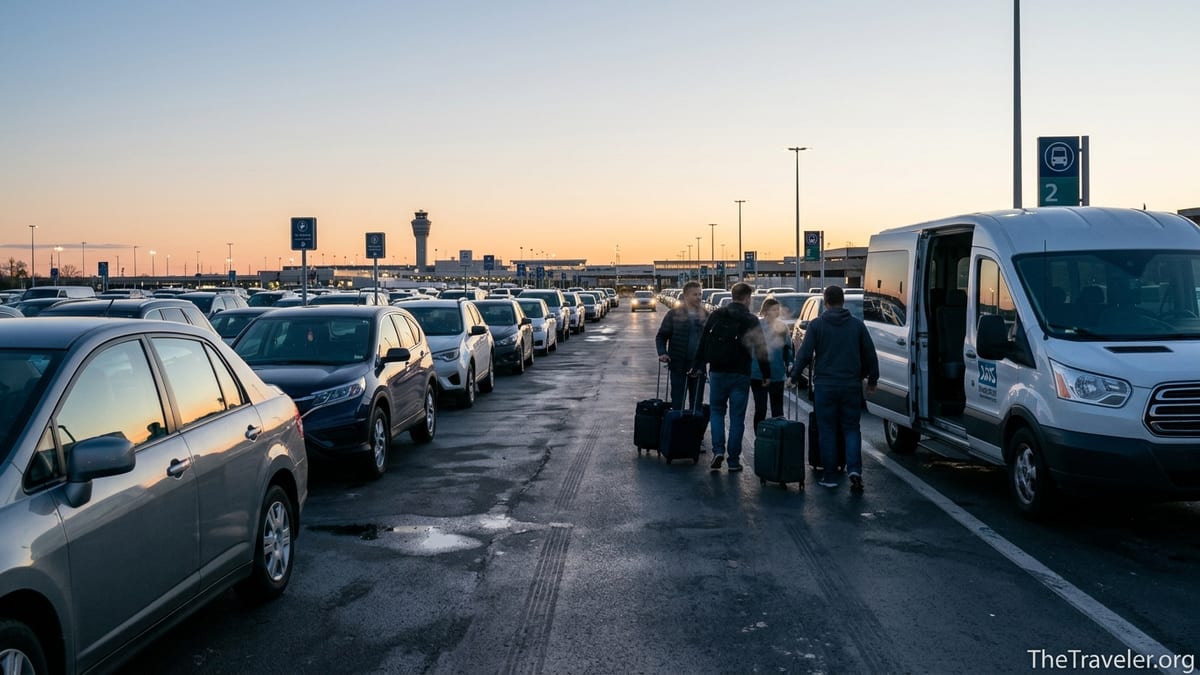 Travelers with luggage boarding an airport shuttle at an off-site parking lot before sunrise.