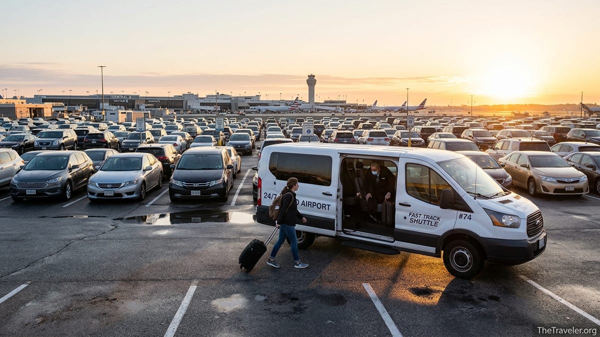 Traveler with suitcase boarding shuttle in off-site airport parking lot at sunrise.