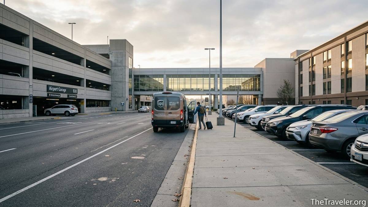 Traveler steps off an off-site shuttle near an airport, with garages and a hotel lot in view.