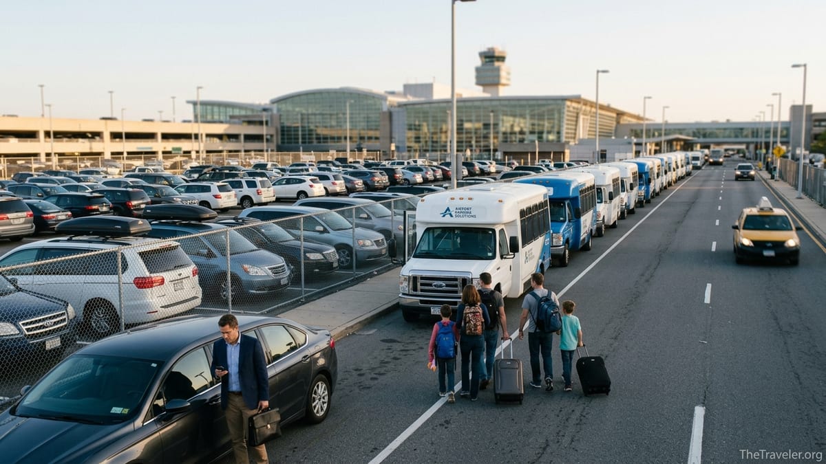 Travelers waiting for an off-site airport parking shuttle outside a busy terminal at sunrise.