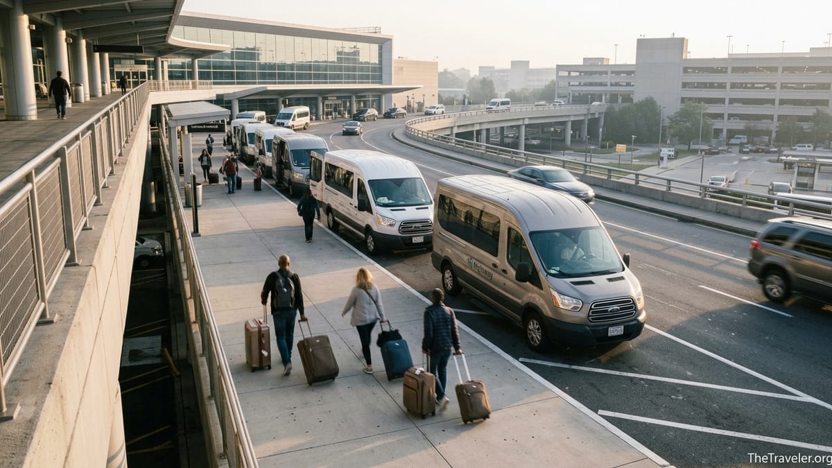 Travelers boarding multiple airport parking shuttles outside a US airport terminal at sunrise.